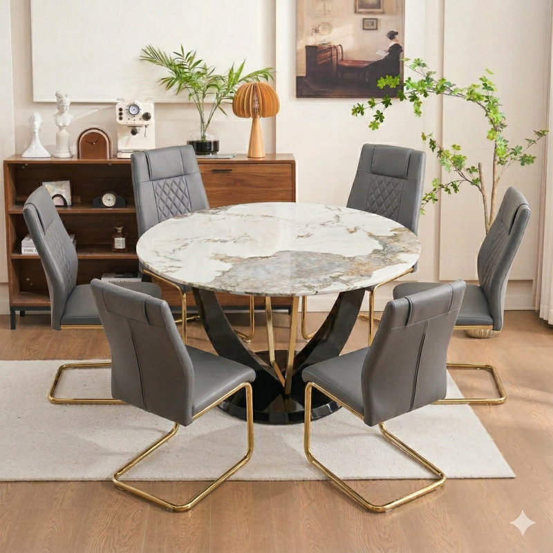 Ensemble de table de salle à manger 48 po pour 6 personnes, ensemble de 6 chaises de table en marbre, table ronde avec pieds en panneau de fibres à densité moyenne noir et structure en métal doré, 6 chaises de salle à manger en polyuréthane doux avec pieds en métal, pour la cuisine, la salle à manger.
