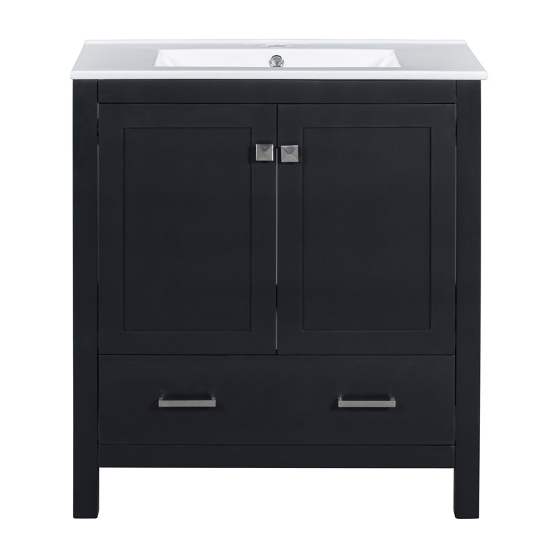 Meuble-lavabo de 30 po avec lavabo simple, meuble-lavabo encastré, armoire de rangement avec 2 portes et un tiroir, fermeture en douceur, rangement multifonctionnel, structure en bois massif