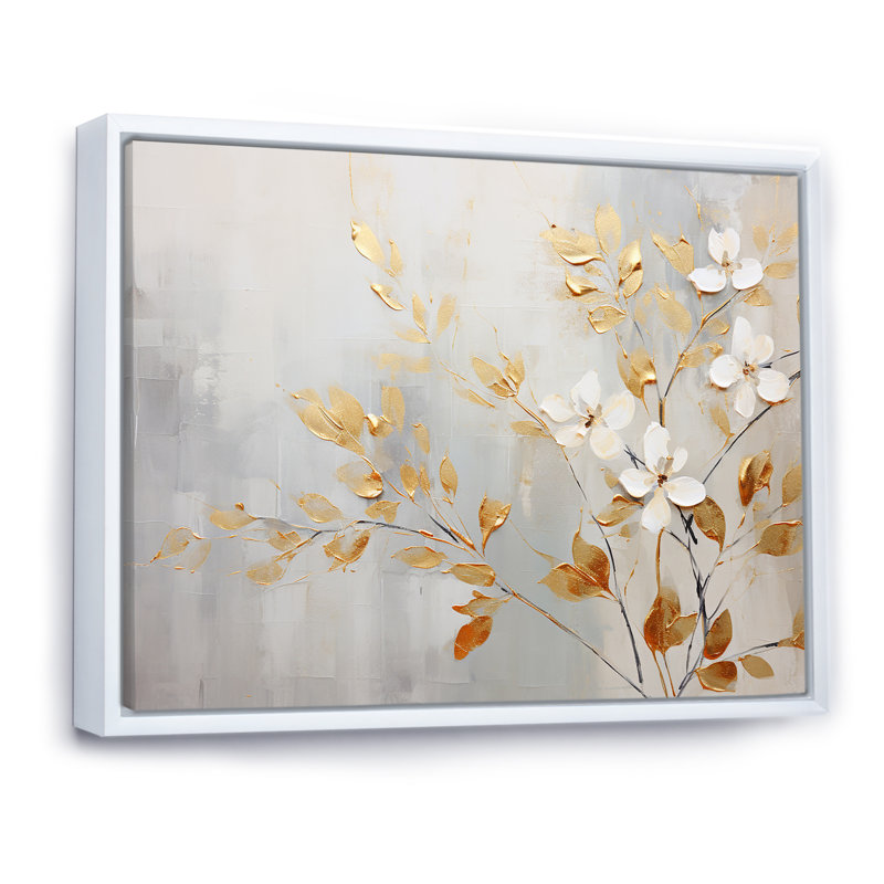 «White and Gold Flower Garden Delight», reproduction sur toile, Cadre flottant blanc, H 34 po x l 44 po x P 1,5 po