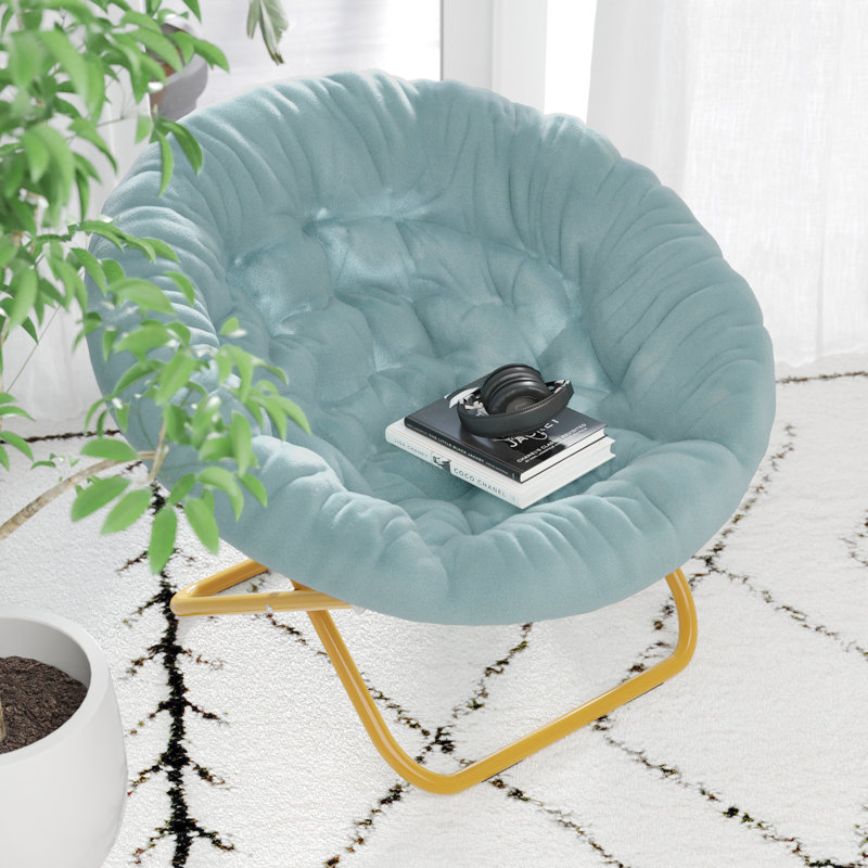 Gwen Folding XL Faux Fur Saucer Chair for Dorm or Bedroom, Dusty Aqua Polyester, Soft Gold