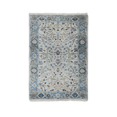 Tapis noué à la main 3 pi 0 po x 4 pi 10 po gris platine à tissage dense, Oushak