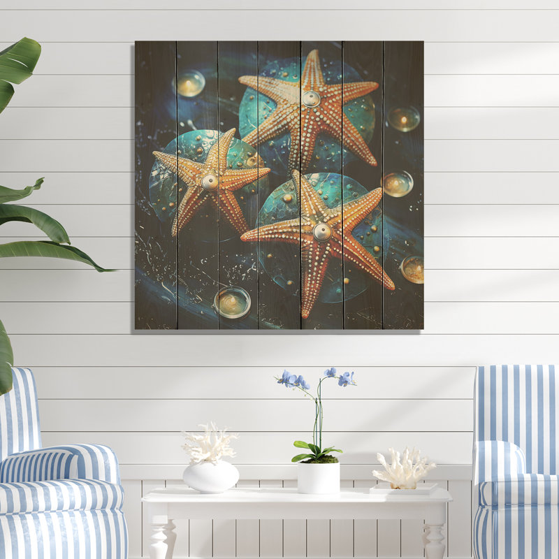 Étoile de mer jaune sur pierre gemme océanique - Étoile de mer sur bois, H 36 po x l 36 po