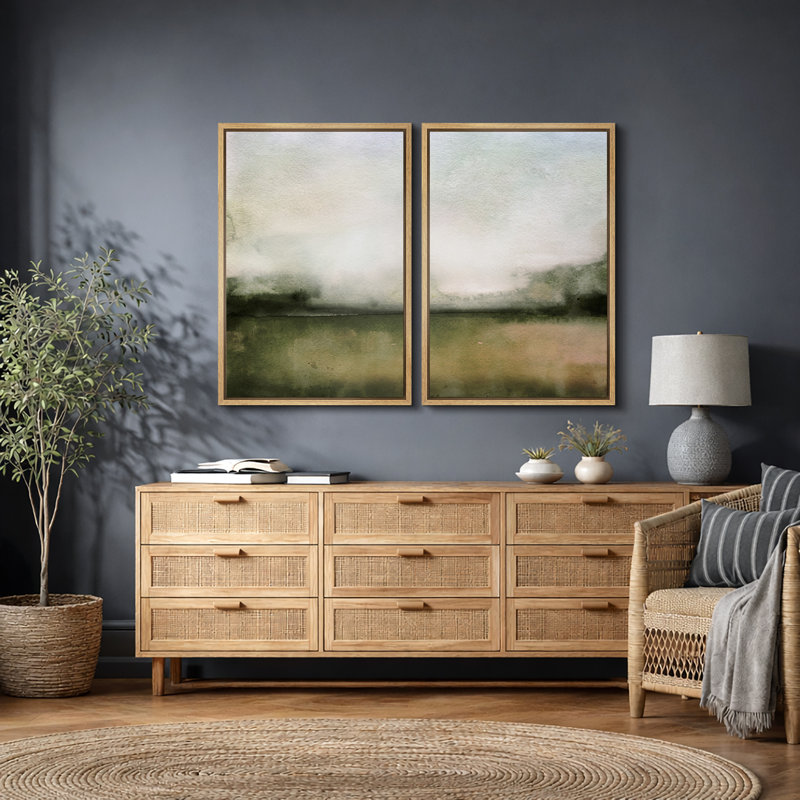 Minimal Landscape "Muted Green Watercolor Artwork, Classic Simple Minimalist Wall Pictures, Framed Canvas Giclee Print 2 Pieces Wall Art Set" 16x24x2 pcs, 24x36x2 pcs