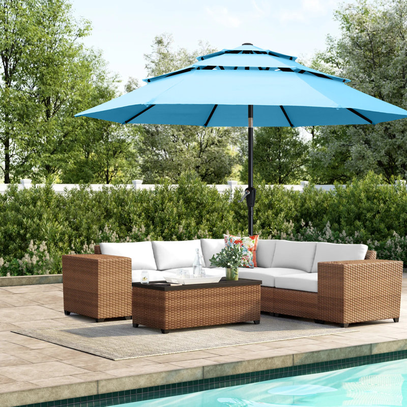 Parasols de patio à 3 niveaux Miqdad par Arlmont & Co., H 92,5 po x l 106,3 po x P 106,3 po, Turquoise