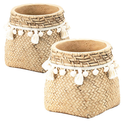 6.5X6.5X6 Inches Brown Cement Planters With Woven Tassel, Of 2, Cream And Two - Toned, Good For Small Floral Setups Tassel Planters, , Suitable Transitional Decor