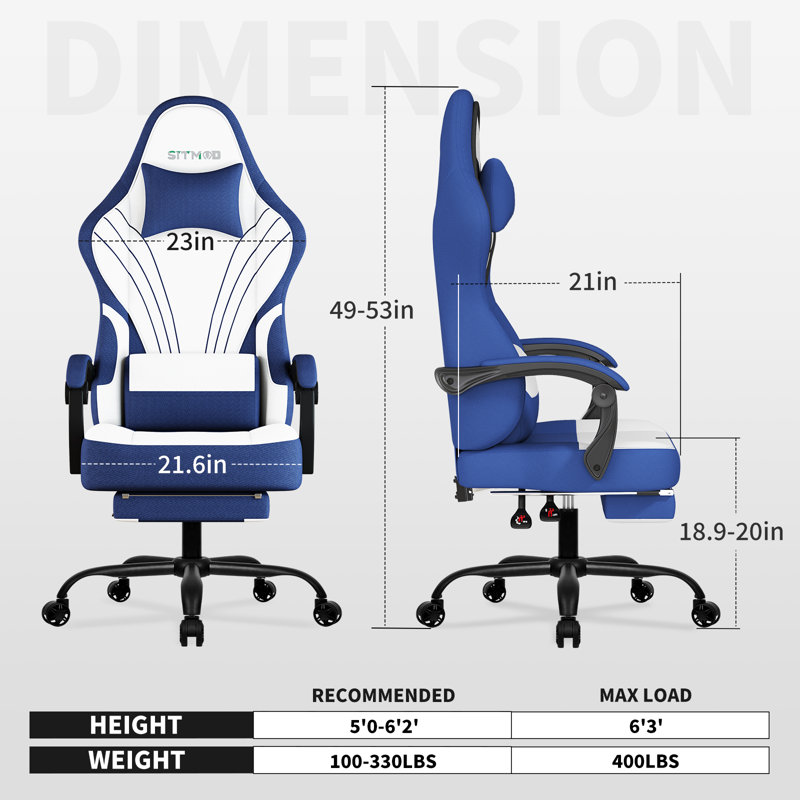 Fabric Gaming Chair with Footrest&Lumbar Support, Ergonomic High-Back, Blue