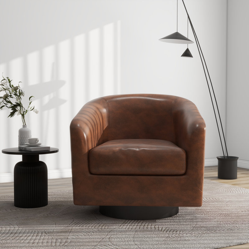 Bennett 73.1 Cm Wide Swivel Barrel Chair, Coffee Heathe Faux Leather