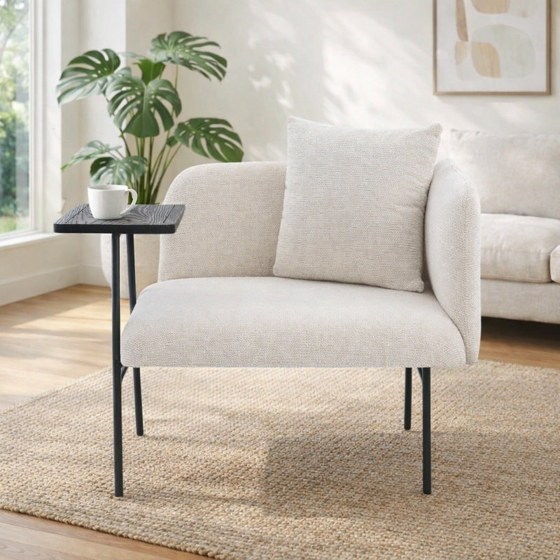 Chaise d'appoint rembourrée Minimalist avec table d'appoint intégrée et pieds en métal, Beige