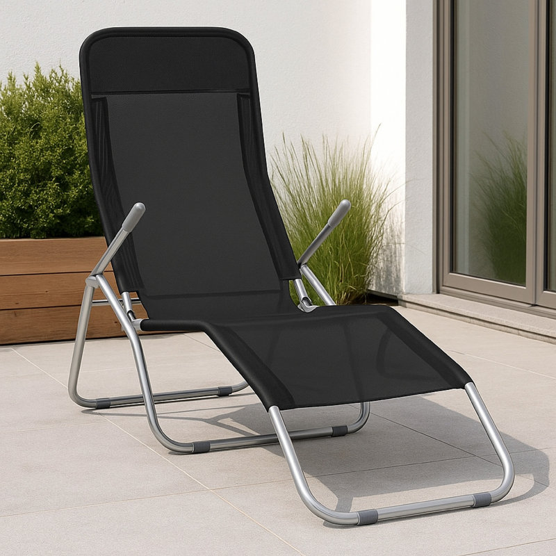 Ensemble de 2 chaises longues pliantes en acier chromé et polyester enduit de PVC noir