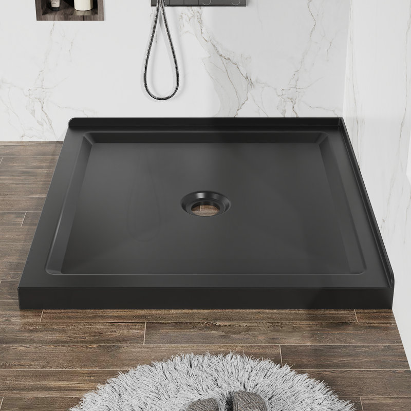36"X36" Shower Base  Anti-Slip Acrylic Center Drain Double Threshold Shower Basin In Black, Black