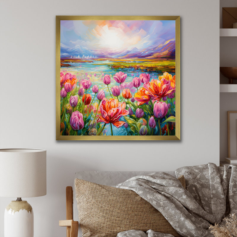 «Purple Tulips Field By The River II», reproduction sur toile, Cadre doré simple, H 24 po x l 24 po x P 1 po