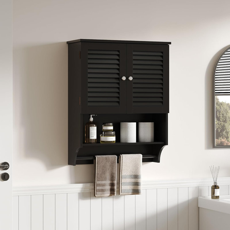 Armoire de salle de bain murale avec portes à persiennes, Noir