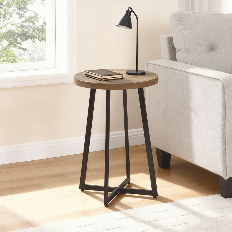Table de bout rustique avec cadre en métal et plateau en bois sculpté pour le salon, le vestibule ou le bureau