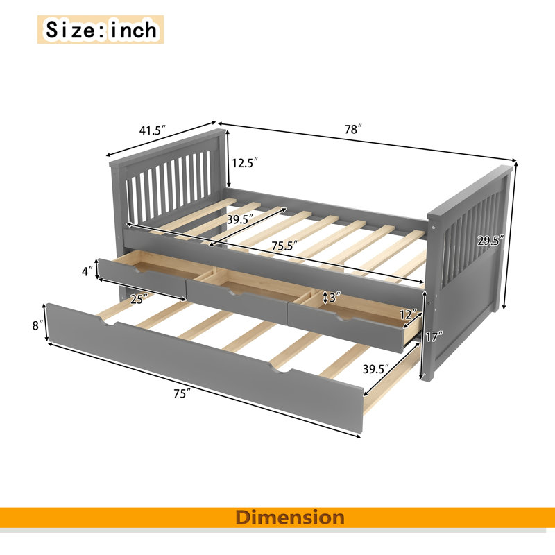 Lit plateforme simple avec tiroirs et lit gigogne, lit de jour en bois massif, sans sommier, Gris