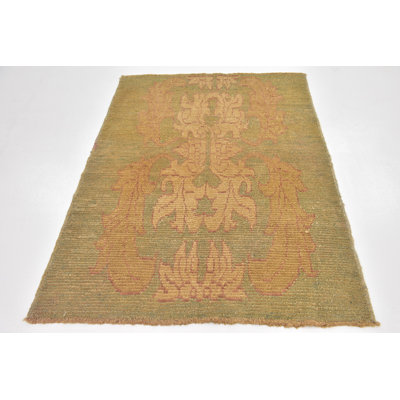 Tapis de zone en laine vert/doré 4 pi 2 po x 6 pi one-of-kind-noué la main Mehdi