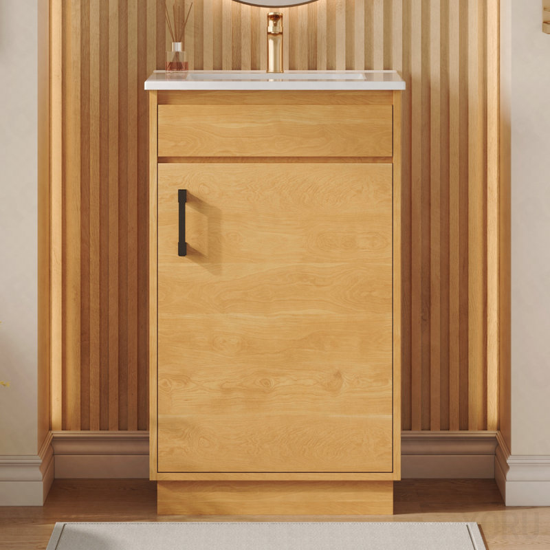 Meuble-lavabo de 20 pouces avec lavabo en céramique, ensemble de meuble-lavabo simple autoportant avec porte à fermeture douce, tablette réglable, style maison de campagne, bois naturel.