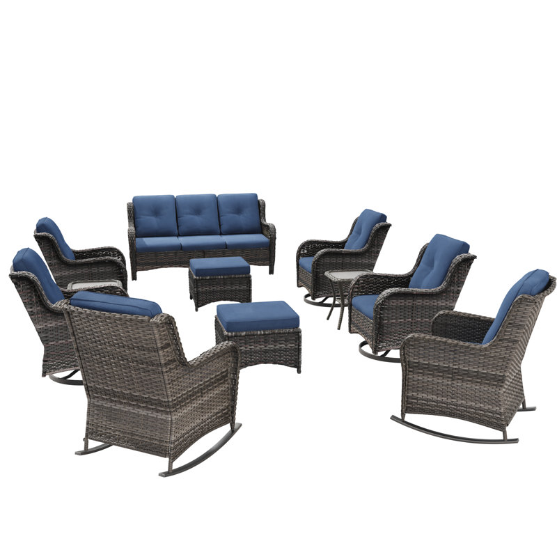 Zariyah Wicker 9 - Person Patio Conversation Set with Cushions, Navy Blue