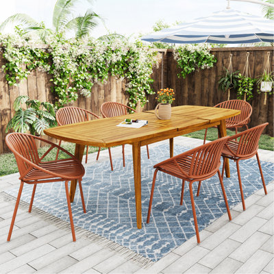 Ensemble de salle à manger extensible 7 pièces avec chaise empilable, orange et teck 7 pièces