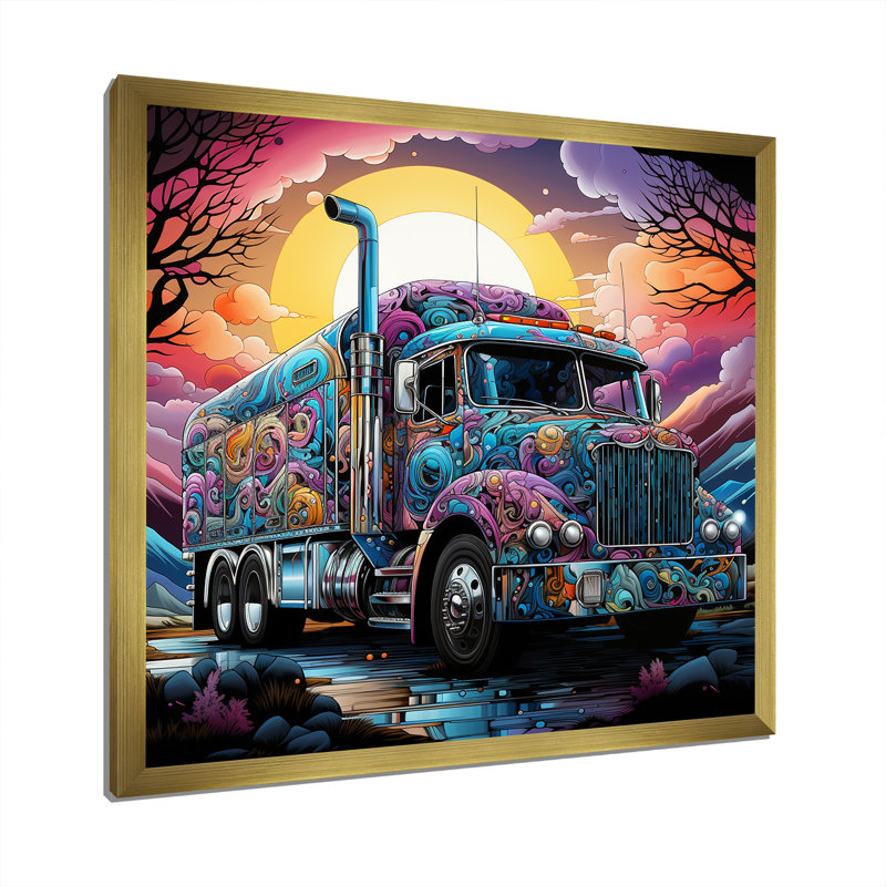 «Fantasy Truck Adventure» sur toile, Cadre doré simple, H 16 po x l 16 po x P 1 po