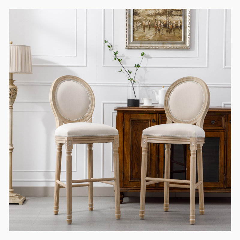 Country Wooden Barstools with Upholstered Seating, Beige