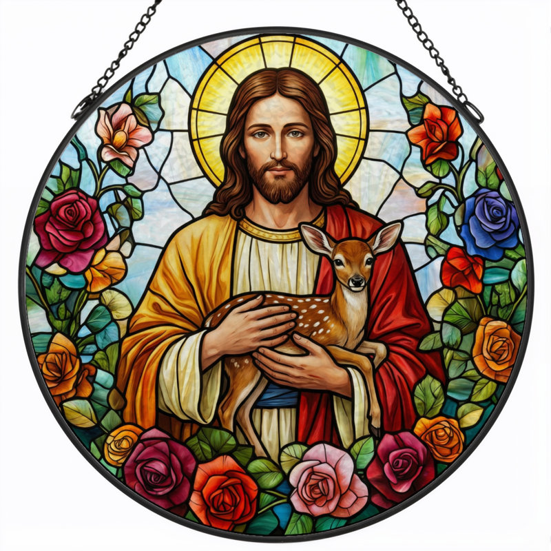 Jesus Deer Stained Glass Window Panel，12"H, 12"H