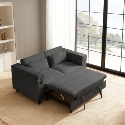 Dark  Chenille Sofa with Side Table and USB Port