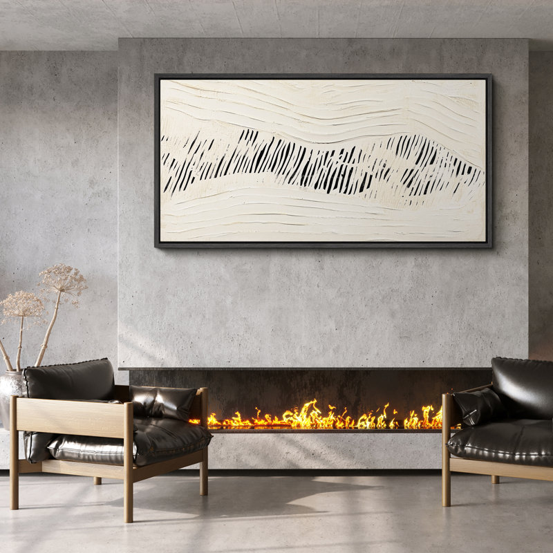 Dessin au trait noir Mountain Ridge sur fond de tons de bois neutres - grande impression sur toile encadrée de la chambre principale