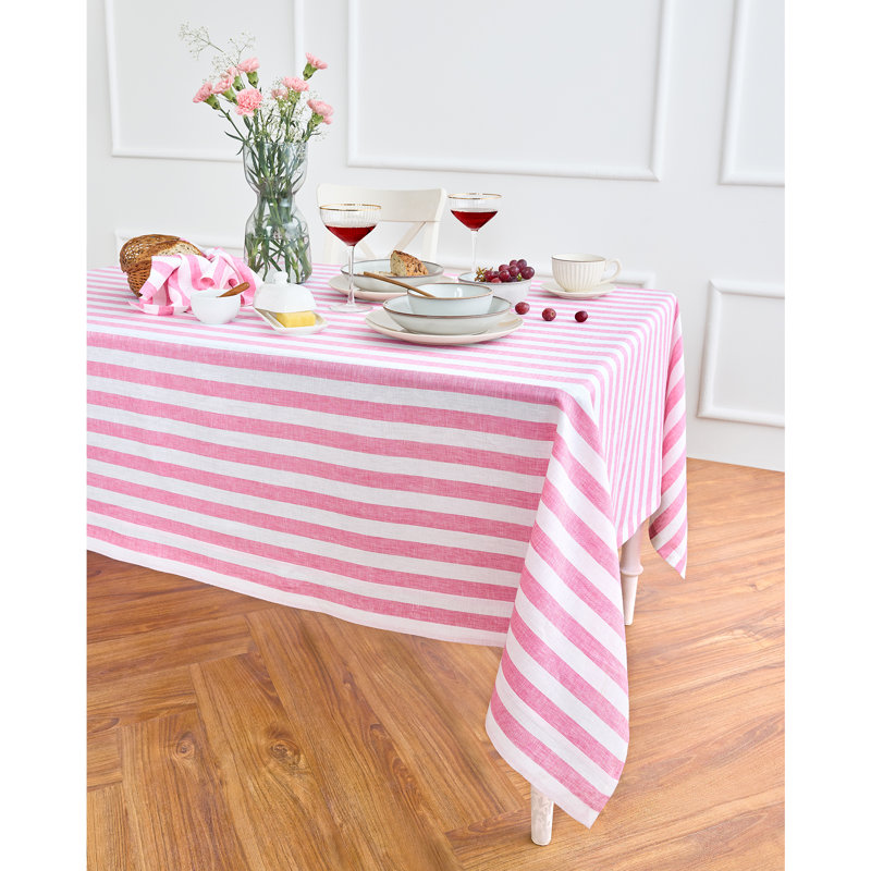 100% Pure Linen Tablecloth - Fete, 90" L x 60" W, Chateau Rose/White