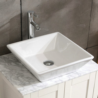 Lavabo de salle de bain carré en céramique 16,5 po, blanc, avec tous les patins de soutien et anti-bruit