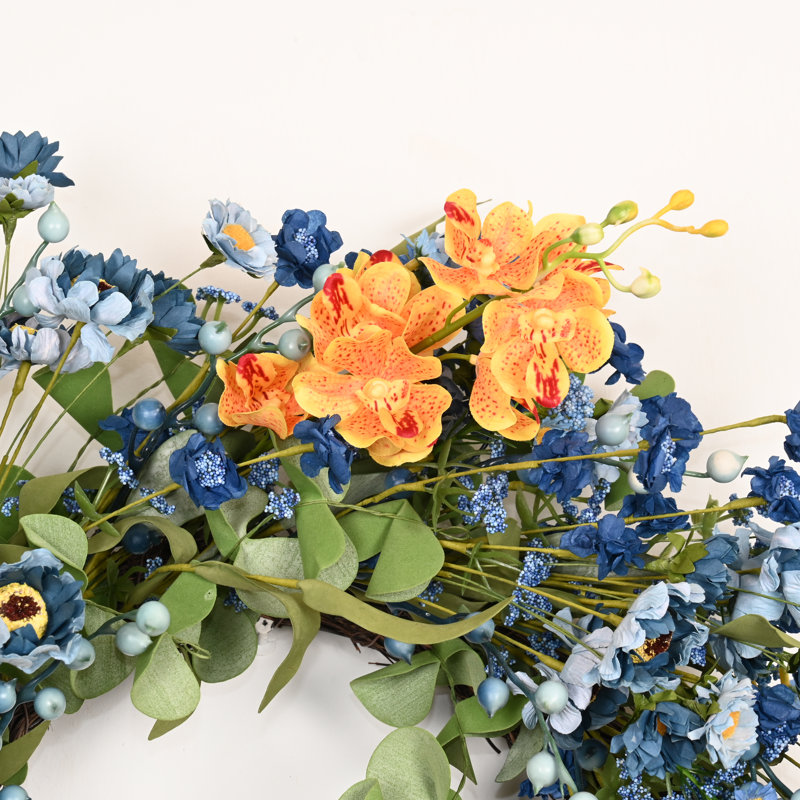 Couronne de fleurs artificielle 24 po avec grappe de baies et de verdure pour l'été, Vert / Jaune