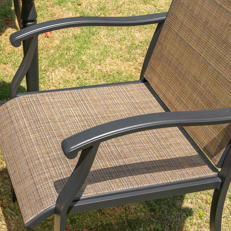 Patio PVC-coated polyester Dining Set Of 7 With Umbrella Hole, Wood-grain Tabletop, Brown