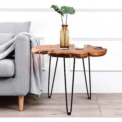 Table d'appoint rustique de 60 cm (23,6 pouces) avec bord naturel, petite table de chevet en bois aux formes libres, imperméable, idéale pour le salon, la chambre ou la maison.