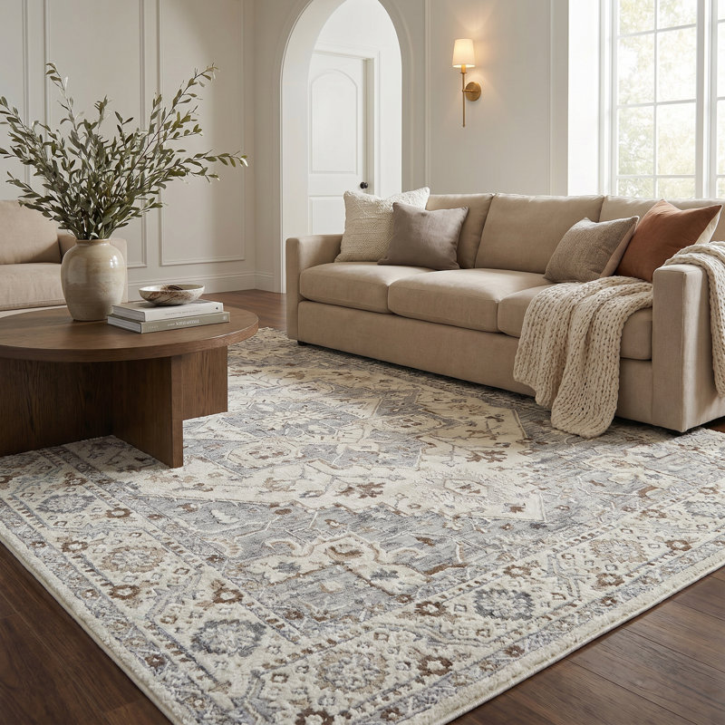 Rug Branch Rasan 4' x 6' (3'11" x 5'7") Grey/Beige Oriental Indoor Area Rug, Contemporary, Medium Pile, Stain-Resistant Carpet - Living Room, Bedroom, Dining Room, and Kitchen