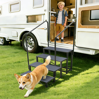 Rv Steps With Handrail, Mobile Home Stairs For Camper, Trailer, Hot Tub, Steps With Non-slip Mat, 660lbs Capacity