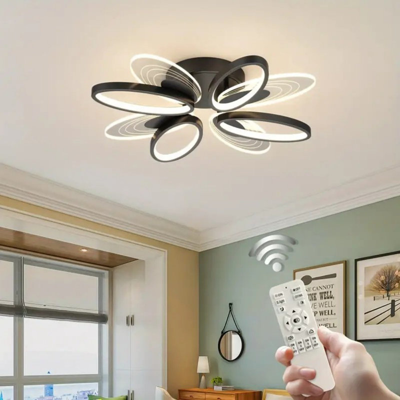 Modern Dimmable LED Ceiling Light With Remote, Black Oval Flower Design, 8-Light Fixture For Bedroom, Living Room, Or Hallway - Adjustable Brightness& Color Temperature, Easy To Clean, Heat-Resistant Metal Finish