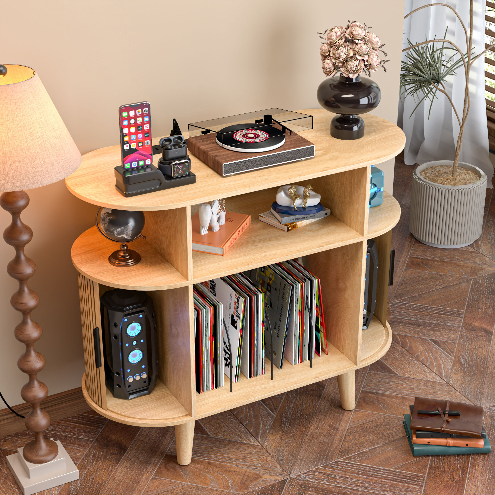 George Oliver Round Record Player Stand With Charging Station, Turntable Stand Table With Open Storage, Audio Rack | Wayfair