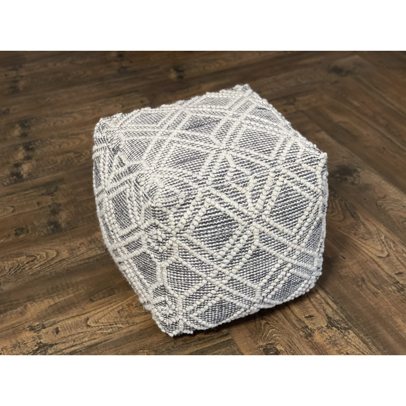 Upholstered Pouf, Ivory/Charcoal Wool