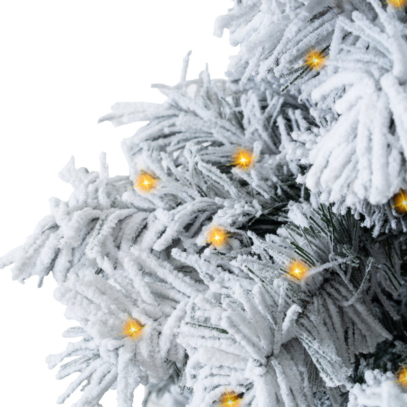 Snow Flocked Traditional Christmas Tree with Lights, Christmas Tree Prelit with Metal Stand, 7.5 ft