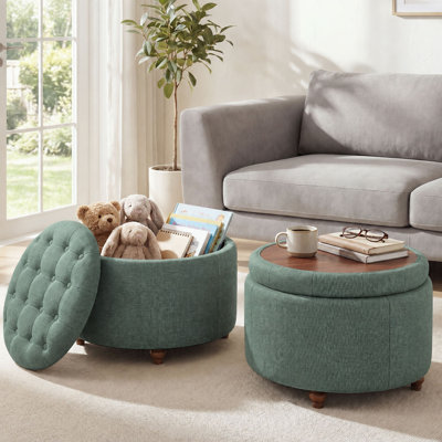 Upholstered Round Storage Ottoman with Tufted Cushion