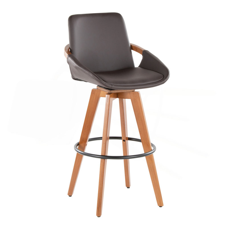 Tabouret de bar à hauteur fixe avec pivot en bambou et similicuir avec repose-pieds rond en métal noir