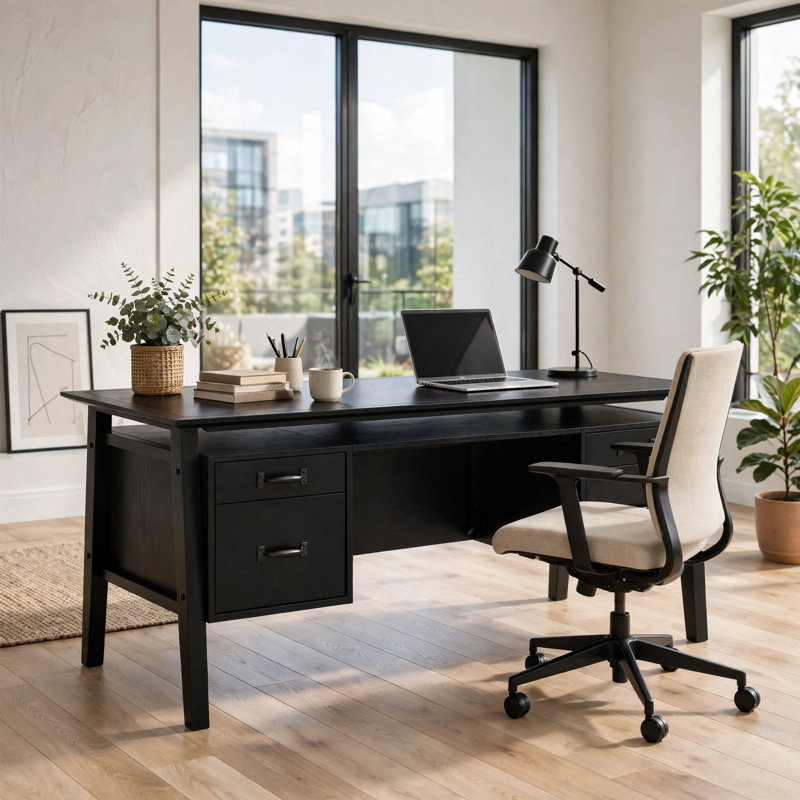 Sonia 64 Inch Computer Desk, 4 Drawers and Dual Pedestal Layout, Black