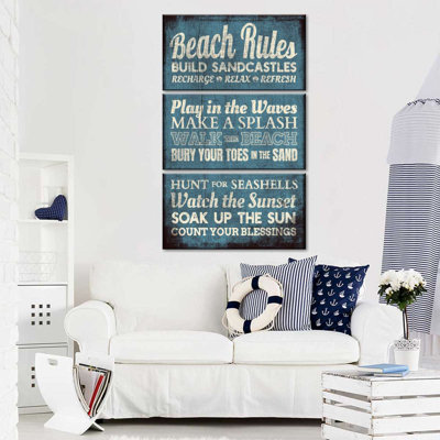 Humour, typographie, plage, règles sur toile, reproduction de 3 pièces