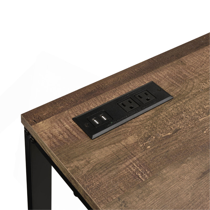 Bureau d'écriture rectangulaire avec port USB et prise, noyer et noir, Brun