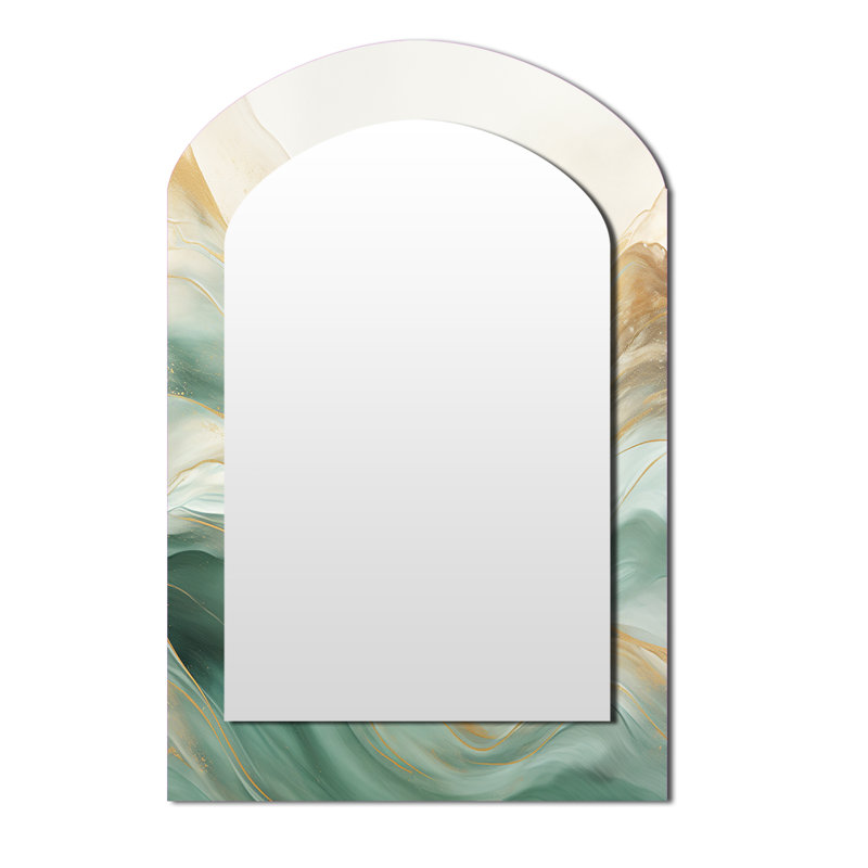 Or et vert Soft Wave Fusion I - miroir décoratif arqué de formes abstraites, grand miroir mural asymétrique moderne, impression d'art en métal