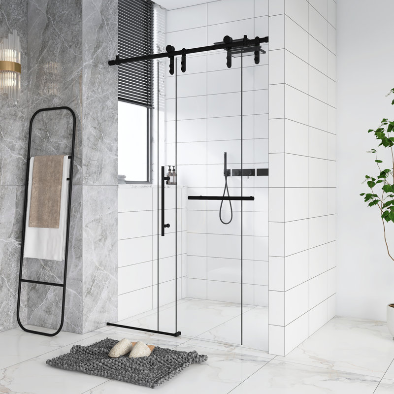 Porte de douche coulissante sans cadre l 44 à 48 po x H 76 po, verre trempé transparent de 5/16 po (8 mm), cadre en acier inoxydable, noir mat