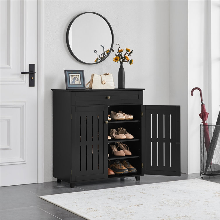 ARO Black Shoe Cabinet Narrow Rectangular Entryway Storage Cabinet 12 Shelves