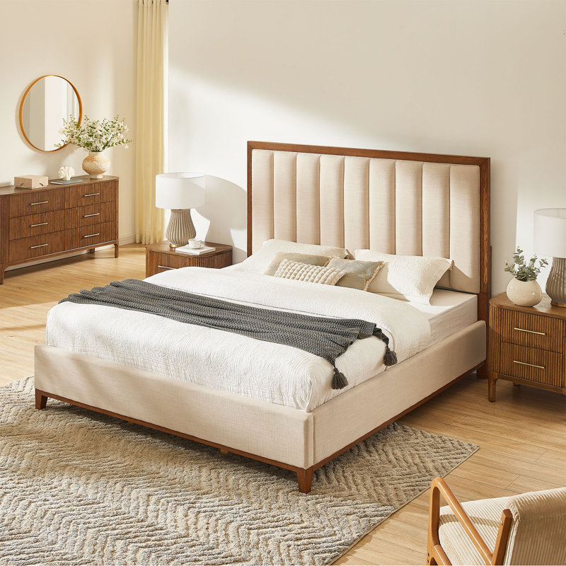 Lit en bois massif brun très grand avec tête de lit tapissier pour chambre Hernest, Très grand lit, Beige/Dark Wood