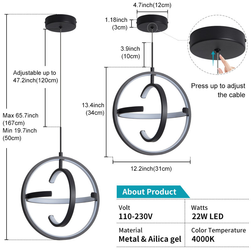 Lustre moderne à DEL Jamarris, Noir mat