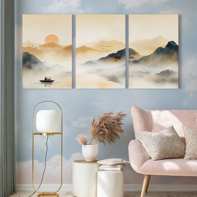 Paysage de montagne et coucher de soleil, reproduction d'art sur toile tendue sur toile Zen (ensemble de 3)
