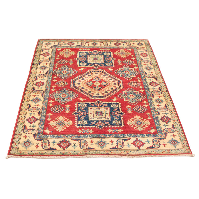 Tapis rouge en laine noué à la main de conception unique 5 pi x 6 pi 7 po New Age
